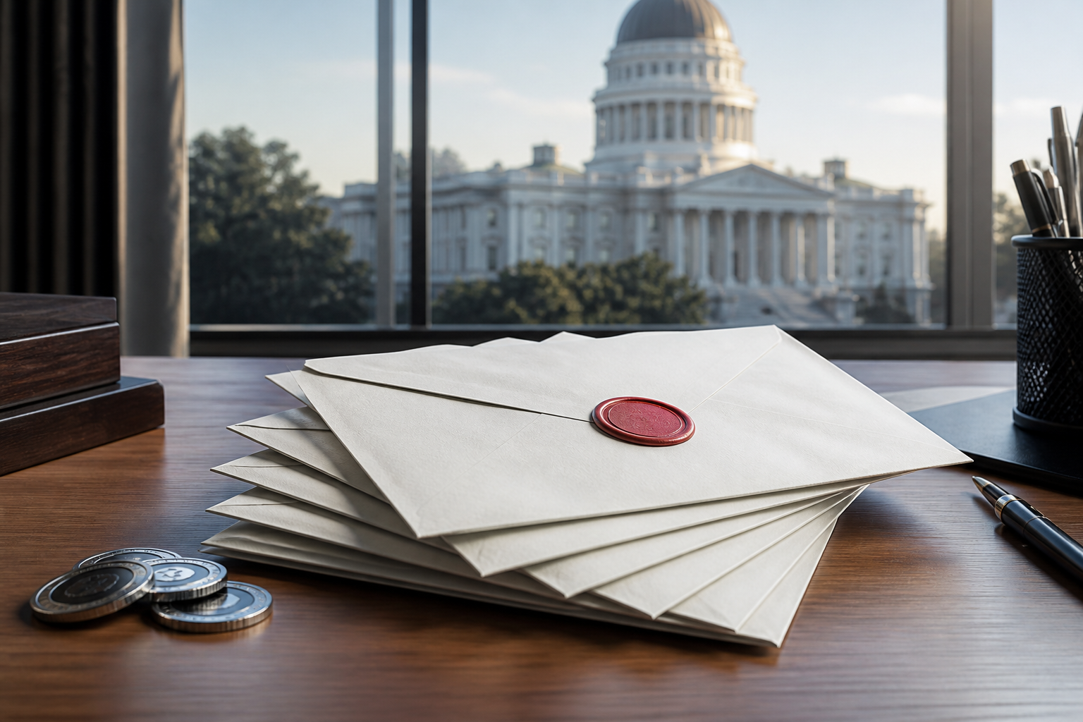 Sealed official enforcement envelopes and unbranded gaming tokens on a desk overlooking a state capitol