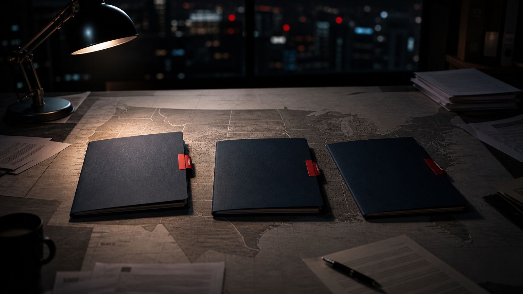 Editorial news image of state-file folders and restriction tabs on a dark legal desk, representing multi-state sweepstakes restrictions