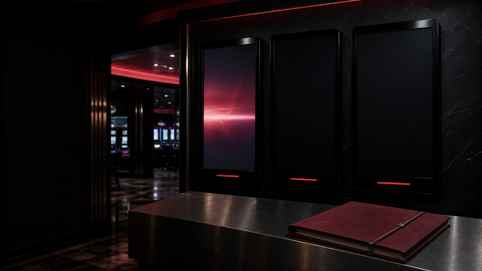 Dark editorial image of three unbranded display panels shutting down in a casino lounge under regulatory pressure