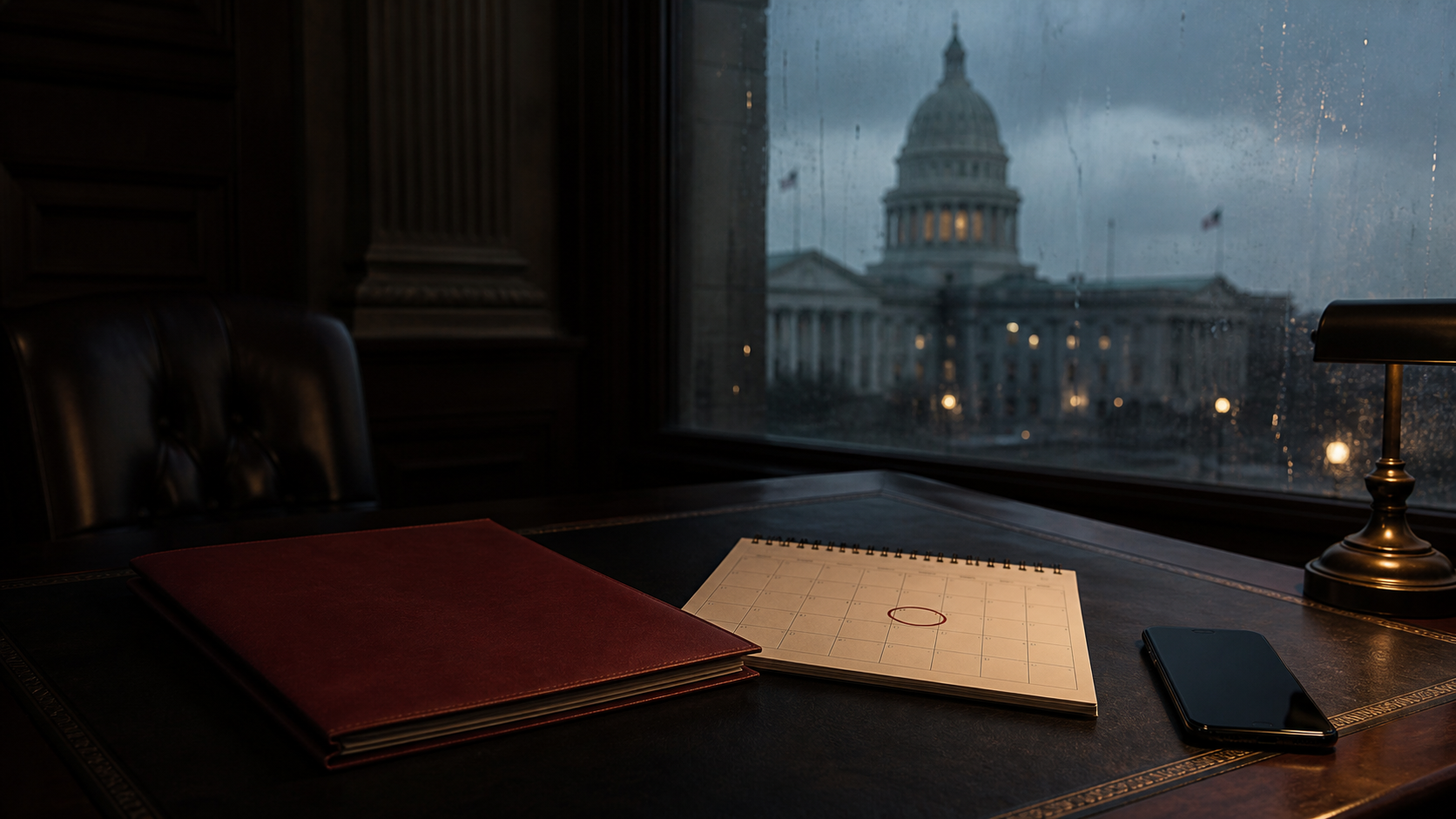 Editorial image of a Virginia legislative desk and bill folder at twilight, representing SB 579 review